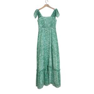 Vintage 60s 70s Green & White Floral Tie Shoulder Empire Waist Maxi Dress